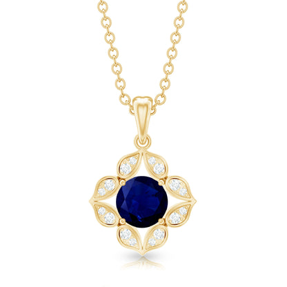 Genuine Blue Sapphire Flower Pendant Necklace with Diamond