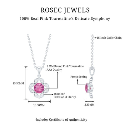 Antique Style Natural Pink Tourmaline Flower Pendant with Diamond