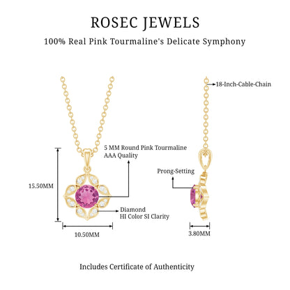 Antique Style Natural Pink Tourmaline Flower Pendant with Diamond