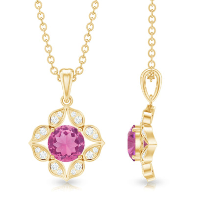 Antique Style Natural Pink Tourmaline Flower Pendant with Diamond