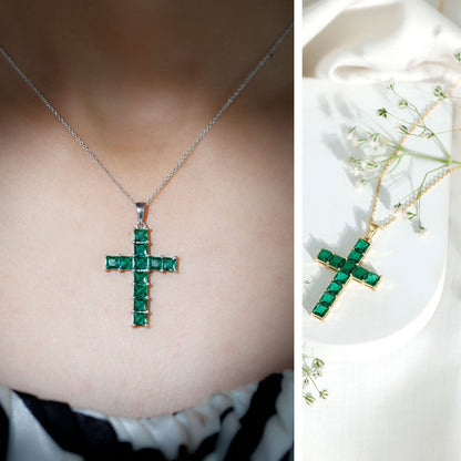 Princess Cut Lab Created Emerald Cross Pendant Necklace