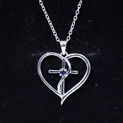 Natural Blue Sapphire Heart Cross Necklace in 14k Gold Plated Silver