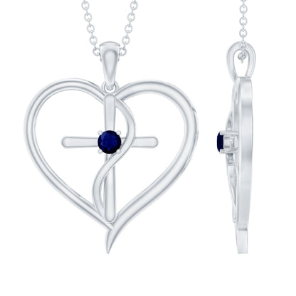 Natural Blue Sapphire Heart Cross Necklace in 14k Gold Plated Silver