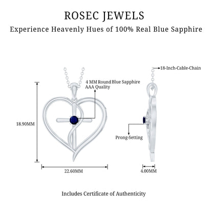 Natural Blue Sapphire Heart Cross Necklace in 14k Gold Plated Silver