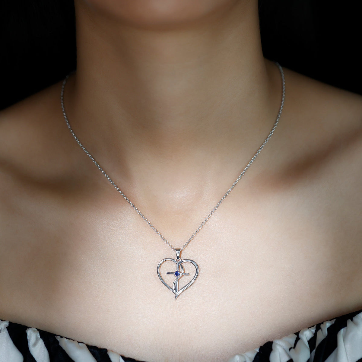 Natural Blue Sapphire Heart Cross Necklace in 14k Gold Plated Silver