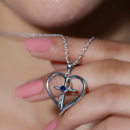 Natural Blue Sapphire Heart Cross Necklace in 14k Gold Plated Silver