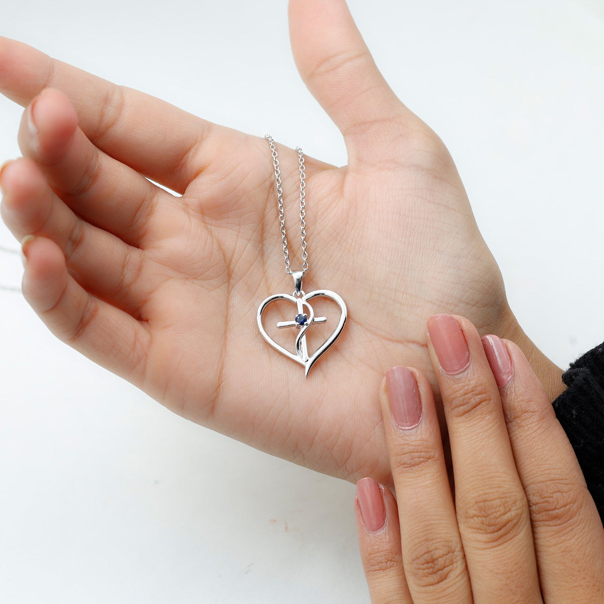 Natural Blue Sapphire Heart Cross Necklace in 14k Gold Plated Silver