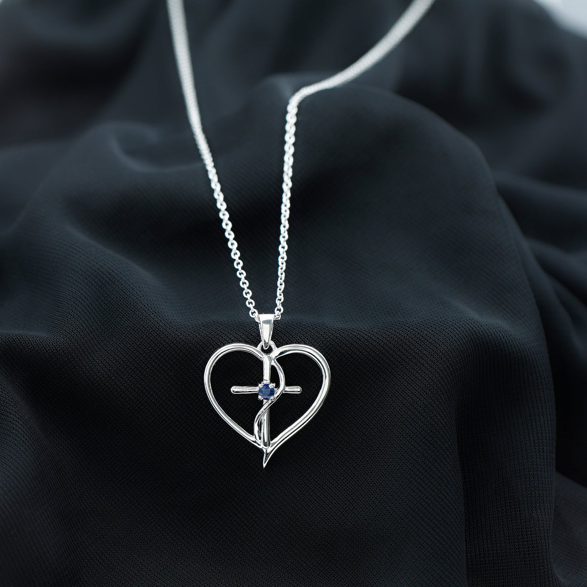 Natural Blue Sapphire Heart Cross Necklace in 14k Gold Plated Silver