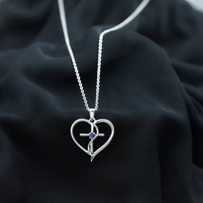 Natural Blue Sapphire Heart Cross Necklace in 14k Gold Plated Silver