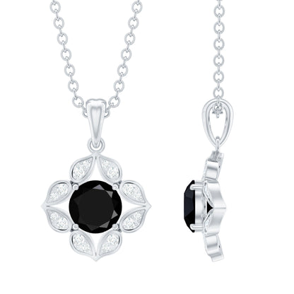 Natural Black Spinel Flower Pendant Necklace with Diamond for Women