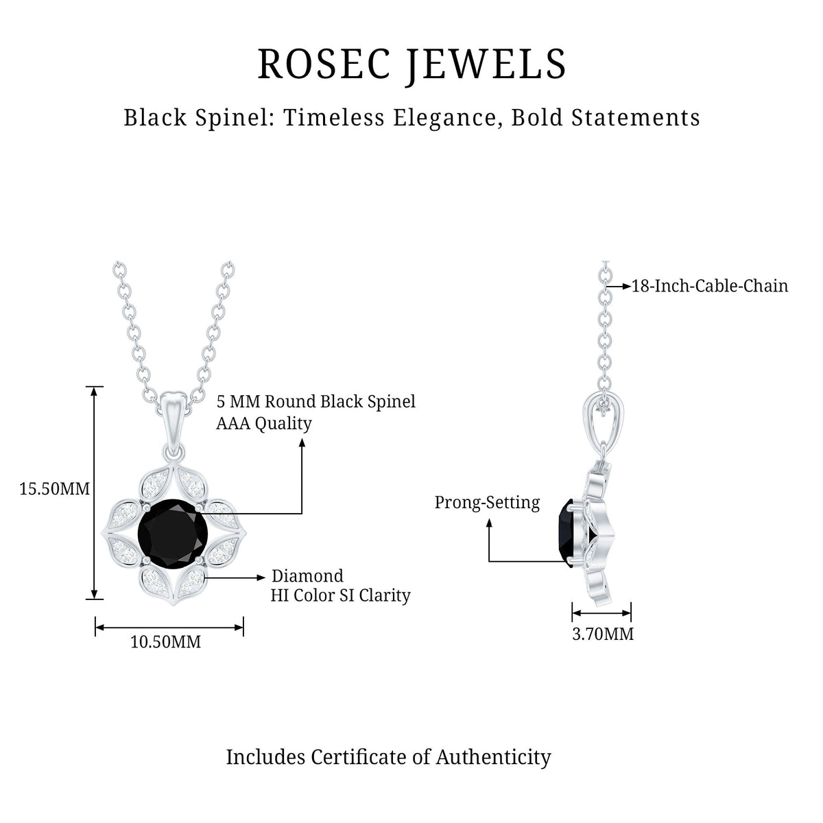 Natural Black Spinel Flower Pendant Necklace with Diamond for Women