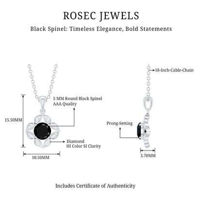 Natural Black Spinel Flower Pendant Necklace with Diamond for Women