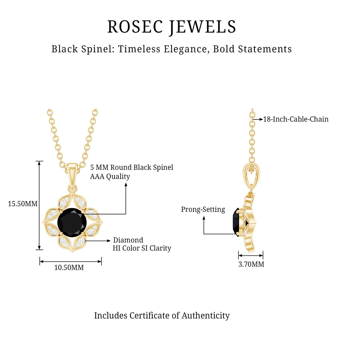 Natural Black Spinel Flower Pendant Necklace with Diamond for Women