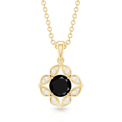 Natural Black Spinel Flower Pendant Necklace with Diamond for Women