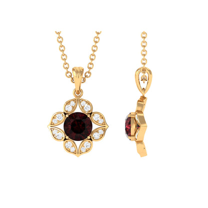 Art Deco Inspired 2.3 CT Garnet Flower Pendant with Diamond