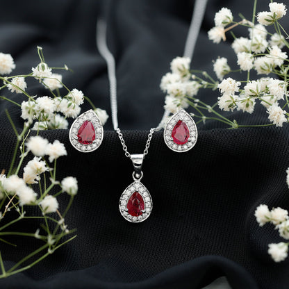 Genuine Pear Cut Ruby and Moissanite Halo Pendant and Earrings Set