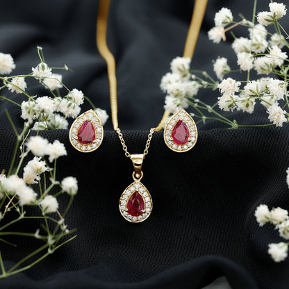 Genuine Pear Cut Ruby and Moissanite Halo Pendant and Earrings Set