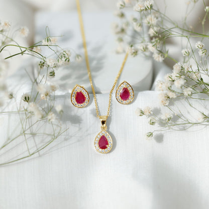 Genuine Pear Cut Ruby and Moissanite Halo Pendant and Earrings Set