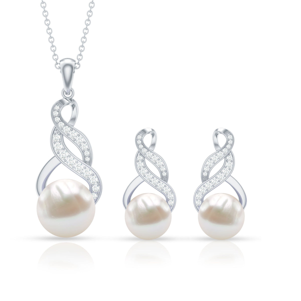 Round Freshwater Pearl and Diamond Bridal Drop Jewelry Set