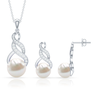 Round Freshwater Pearl and Diamond Bridal Drop Jewelry Set