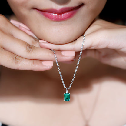 1.6 Carat Emerald Cut Lab Created Emerald Solitaire Necklace with Diamond