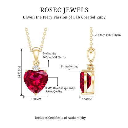 2 CT Lab Grown Ruby Heart Pendant Necklace with Moissanite