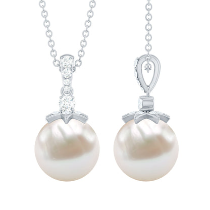Real Freshwater Pearl and Diamond Drop Pendant Necklace
