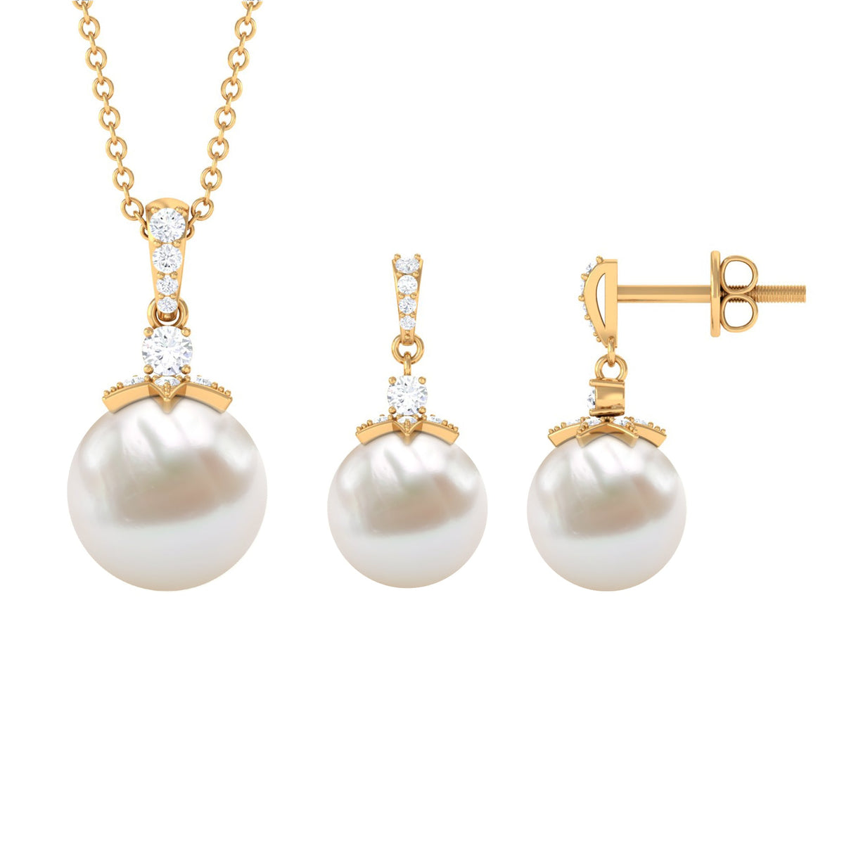 Real Freshwater Pearl and Diamond Drop Pendant and Earrings Set