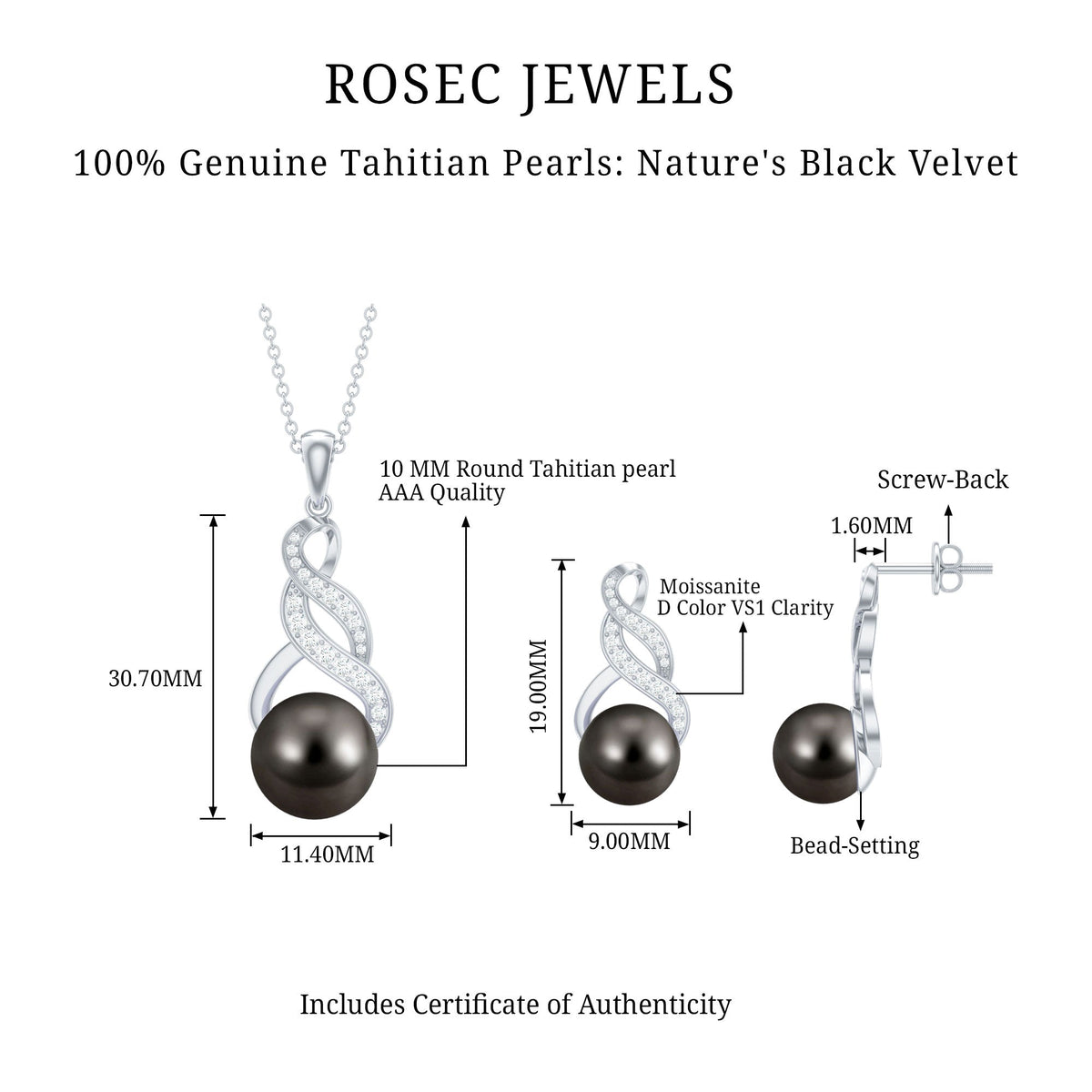 Natural Tahitian Pearl Bridal Infinity Drop Jewelry Set with Moissanite