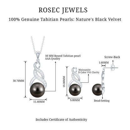 Natural Tahitian Pearl Bridal Infinity Drop Jewelry Set with Moissanite