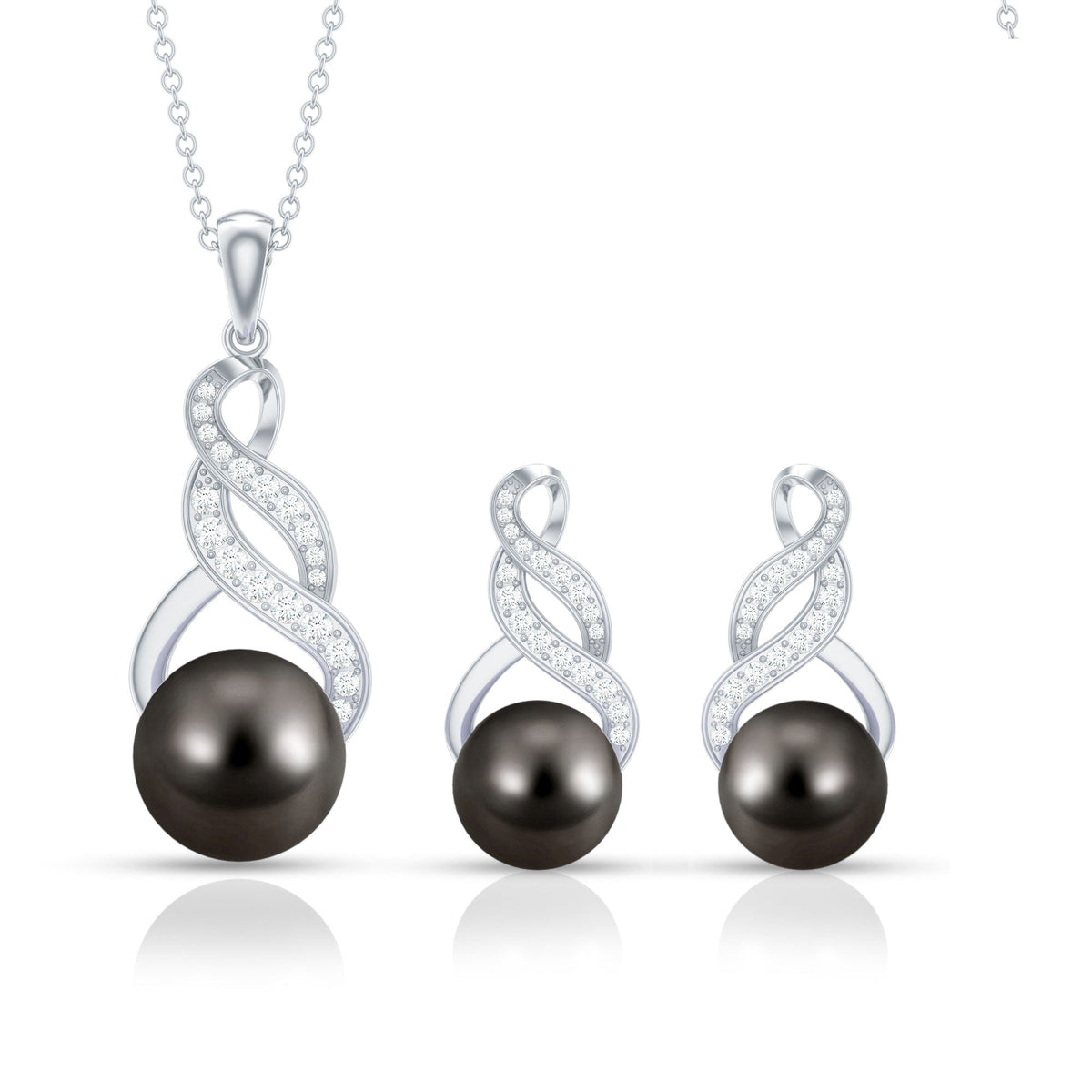 Natural Tahitian Pearl Bridal Infinity Drop Jewelry Set with Moissanite