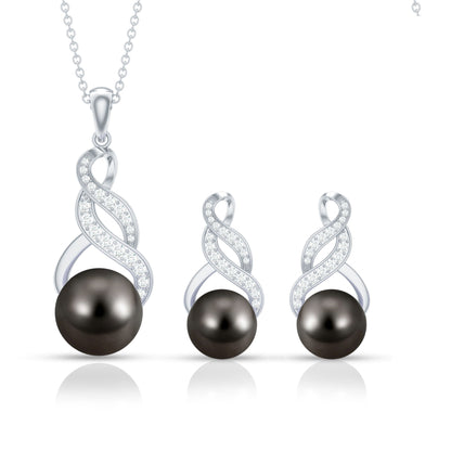 Natural Tahitian Pearl Bridal Infinity Drop Jewelry Set with Moissanite