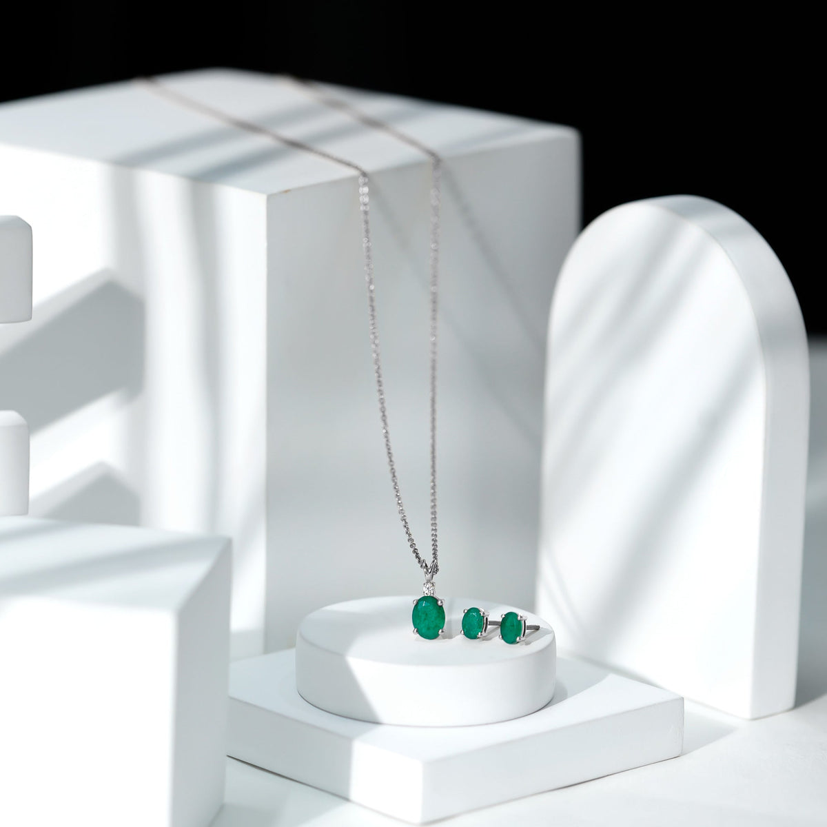 Genuine Emerald Solitaire Pendant and Earrings Set with Lab Grown Diamond