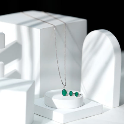 Genuine Emerald Solitaire Pendant and Earrings Set with Lab Grown Diamond