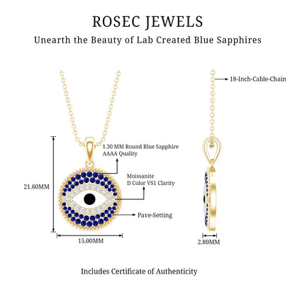 Evil Eye Necklace with Lab Grown Blue Sapphire and Moissanite