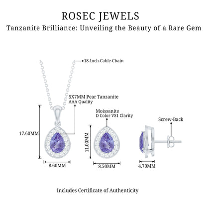 Certified Tanzanite Teardrop Jewelry Set with Moissanite Halo