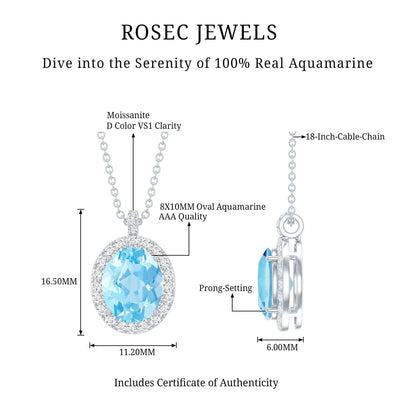 Genuine 2.5 Carat Oval Shaped Aquamarine Statement Necklace With Silver Chain