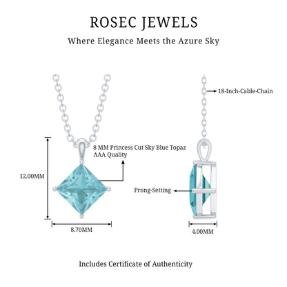 3 Carat Princess Cut Sky Blue Topaz Solitaire Necklace with Silver Chain