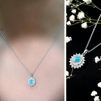 Real 1.9 Carat Ethiopian Opal Halo Necklace With Silver Chain