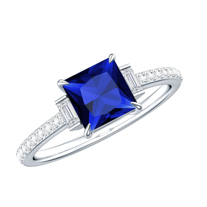 Princess Cut Created Blue Sapphire Solitaire Engagement Ring With Moissanite