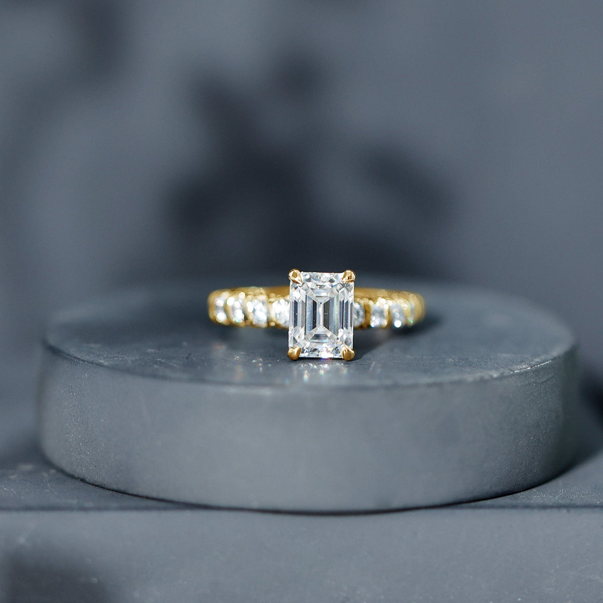 Octagon Moissanite Solitaire Engagement Ring with Side Stones