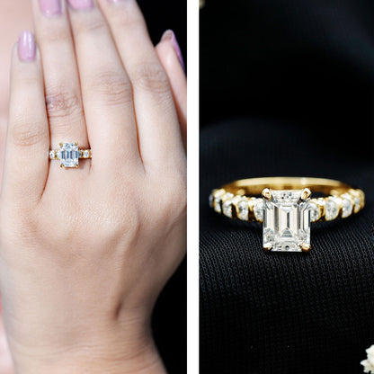 Octagon Moissanite Solitaire Engagement Ring with Side Stones