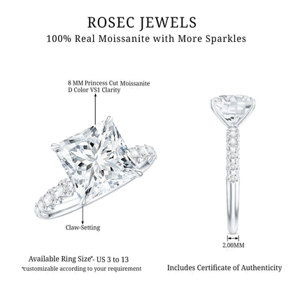 Princess Cut 3 Carat Moissanite Solitaire Engagement Ring with Side Stones