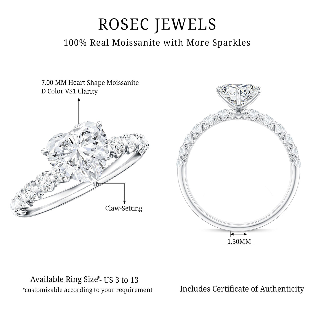 Heart Shape Moissanite Solitaire Engagement Ring With Side Stones