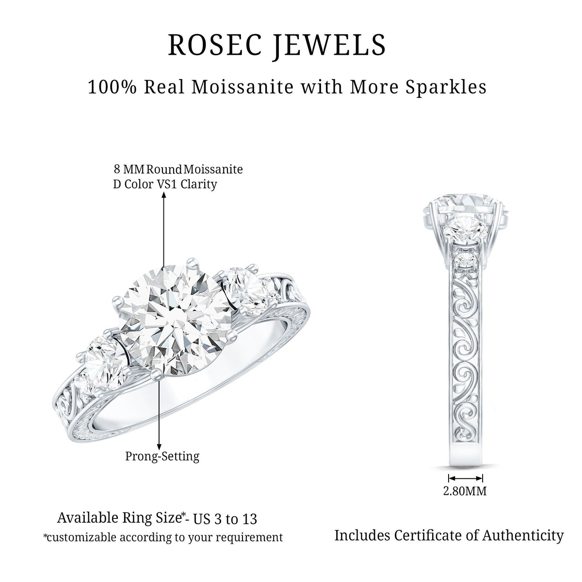 Vintage Style Moissanite 3 Stone Engagement Ring for Women