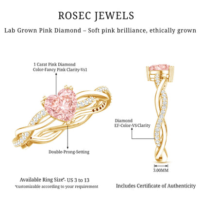 1 CT IGI Certified Lab Grown Pink Diamond Heart Engagement Ring with Crossover Shank