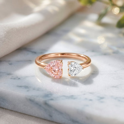 Heart Shape Lab Grown Pink White Diamond Toi Et Moi Promise Ring with IGI Certificate
