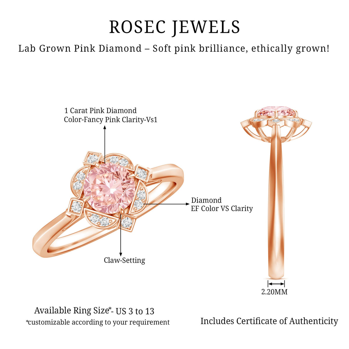 Vintage Inspired Lab Grown Pink Diamond Engagement Ring with IGI Certificate