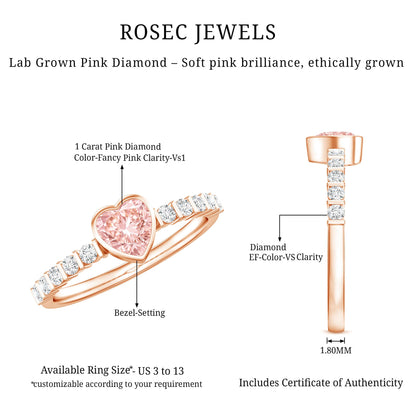 IGI Certified 1 CT Lab Grown Pink Diamond Heart Engagement Ring with Side Stones