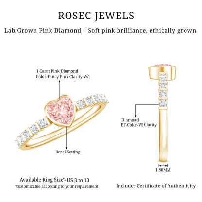 IGI Certified 1 CT Lab Grown Pink Diamond Heart Engagement Ring with Side Stones